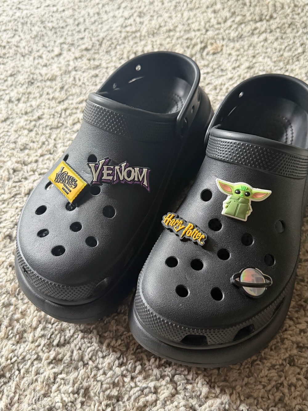 CROCS Black Platform Original Black Crocs Platform Clogs charms – Women's Size 9